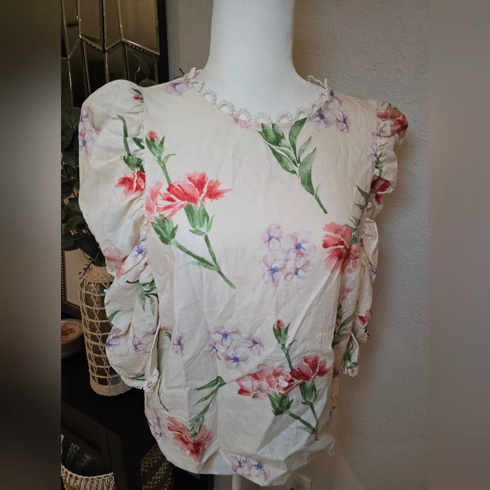 Laura Ashley Floral Blouse - Cream with Red and Green - Picture 2 of 10